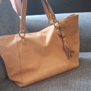 The Sak Tan Embossed Leather Tote with Tassel